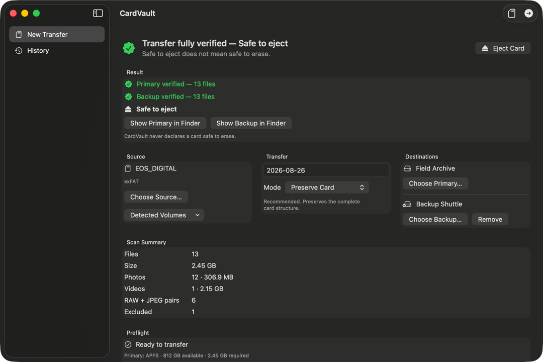 CardVault showing a fully verified transfer that is safe to eject
